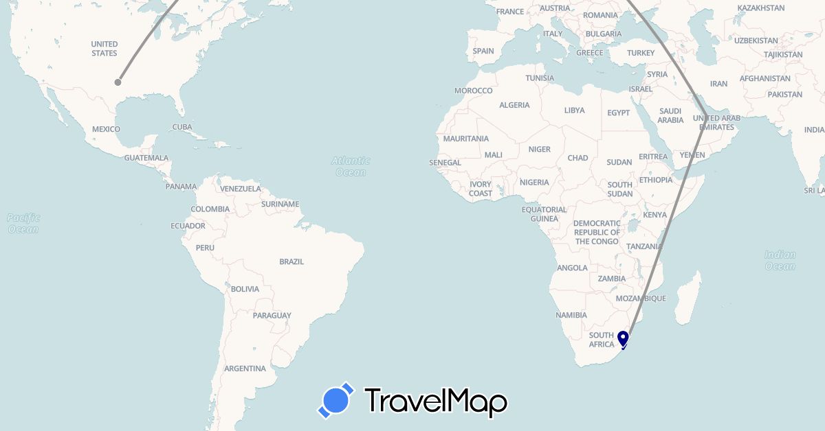 TravelMap itinerary: driving, plane in Qatar, United States, South Africa (Africa, Asia, North America)